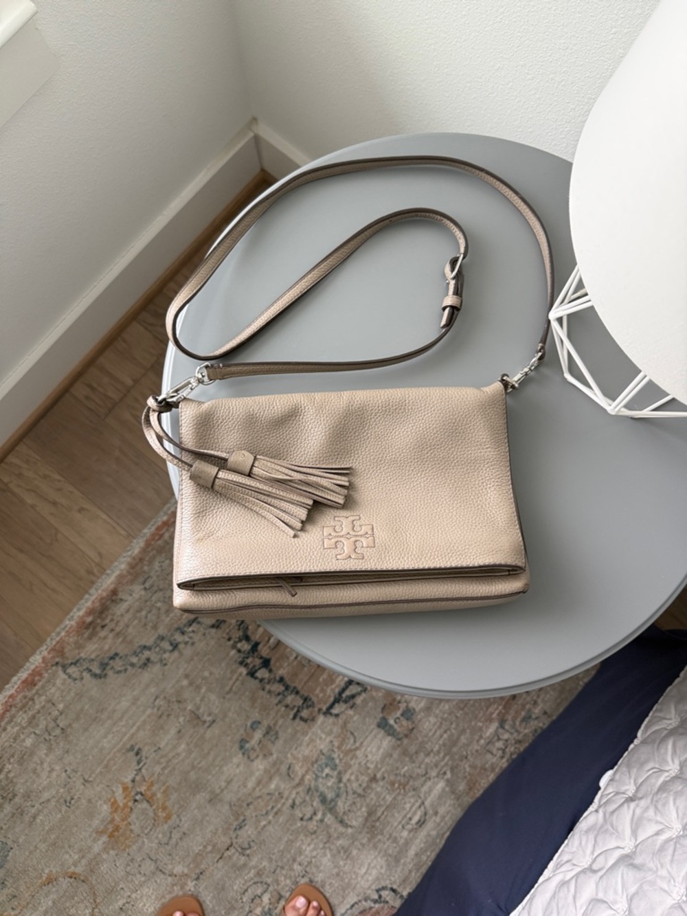 Tory Burch Thea French Grey Pebbled Leather Fold-Over Crossbody Bag with Tassel